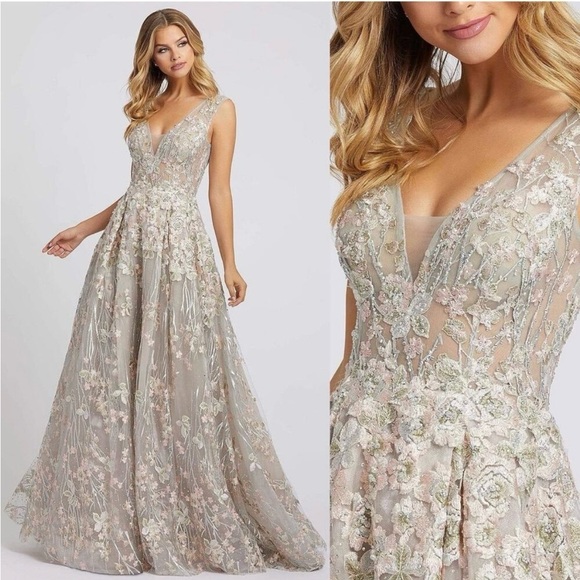 Mac Duggal Floral Embroidered V Neck Sparkle Ball Gown Women's Sz 8 NEW $798 - Picture 1 of 10